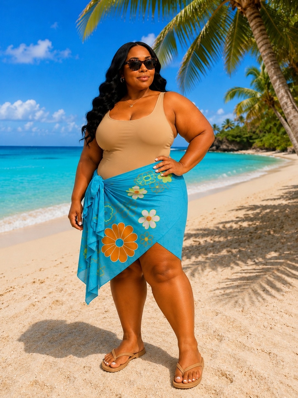 Plus Size Tan with Blue Floral Sarong Coverup